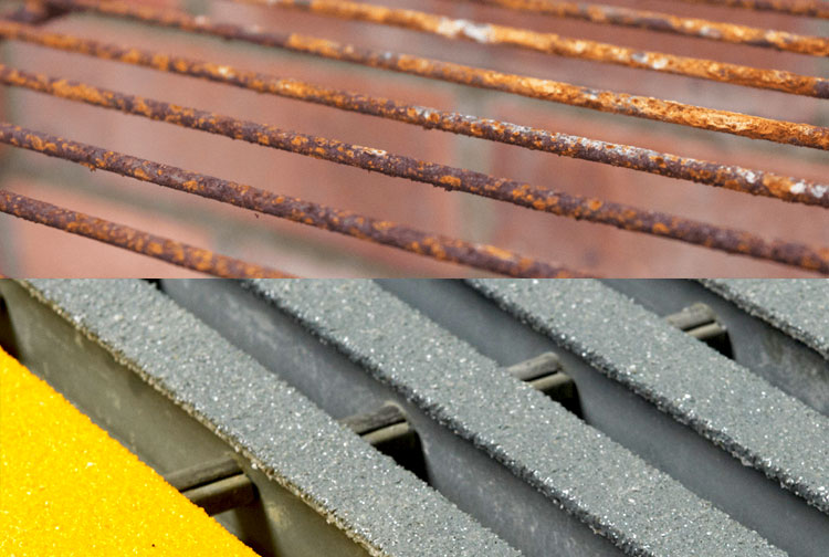 Comparison of a corroded steel grating and a pristine FRP grating